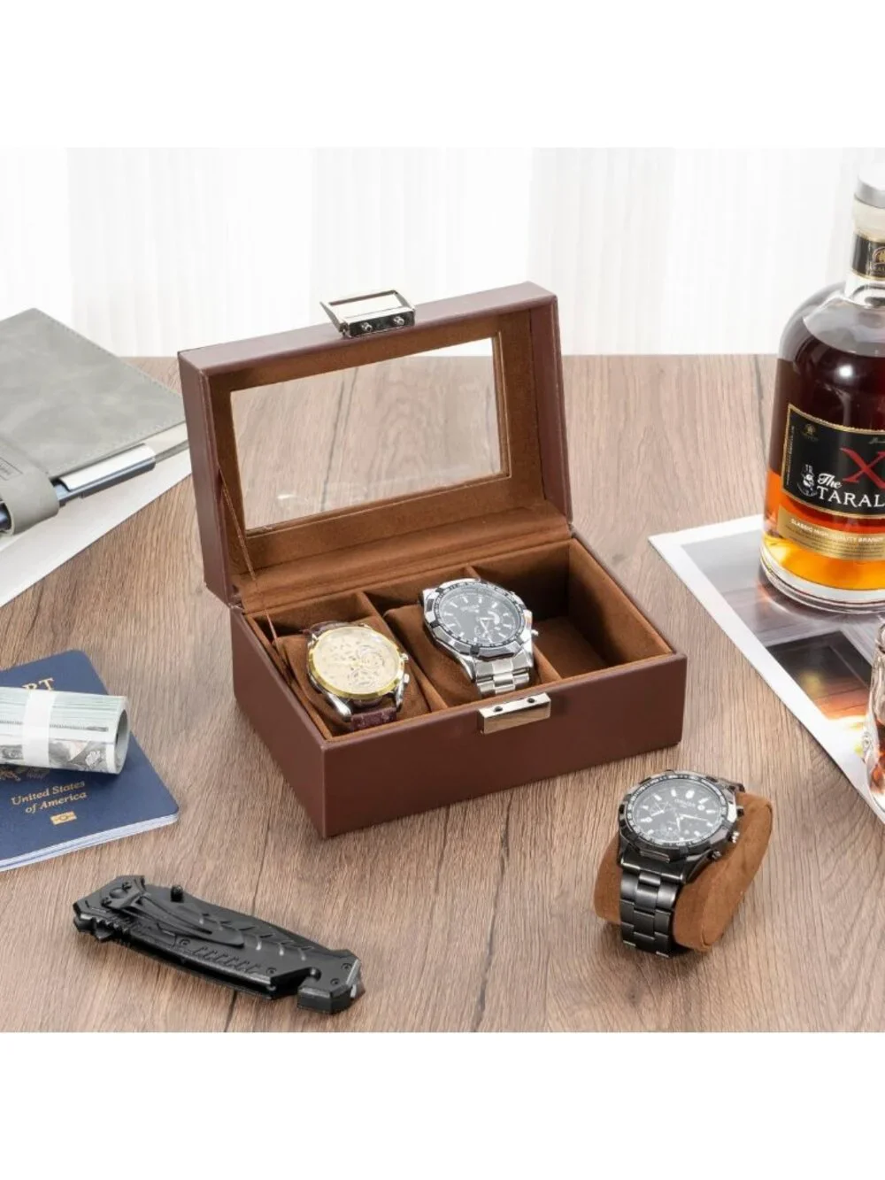 3-Slot Men's Watch Display Case, Elegant Espresso Watch Box for Collectors